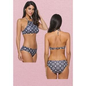 EKOUAER Bikini 2 PC Size M Navy Pink Boho Print Halter Padded Swimsuit NWT